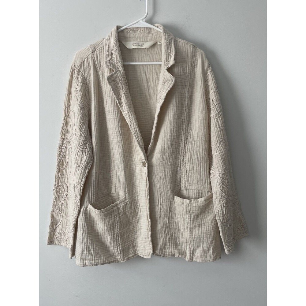 Peace Love World Boheme Collection Embroidered Beige Blazer Large Neutral Boho